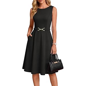 GRACE KARIN Work Business Midi Flowy Sleeveless Dresses for Women | A Line,Belted,Collar Neck,Knee Length,with Pockets Zipper