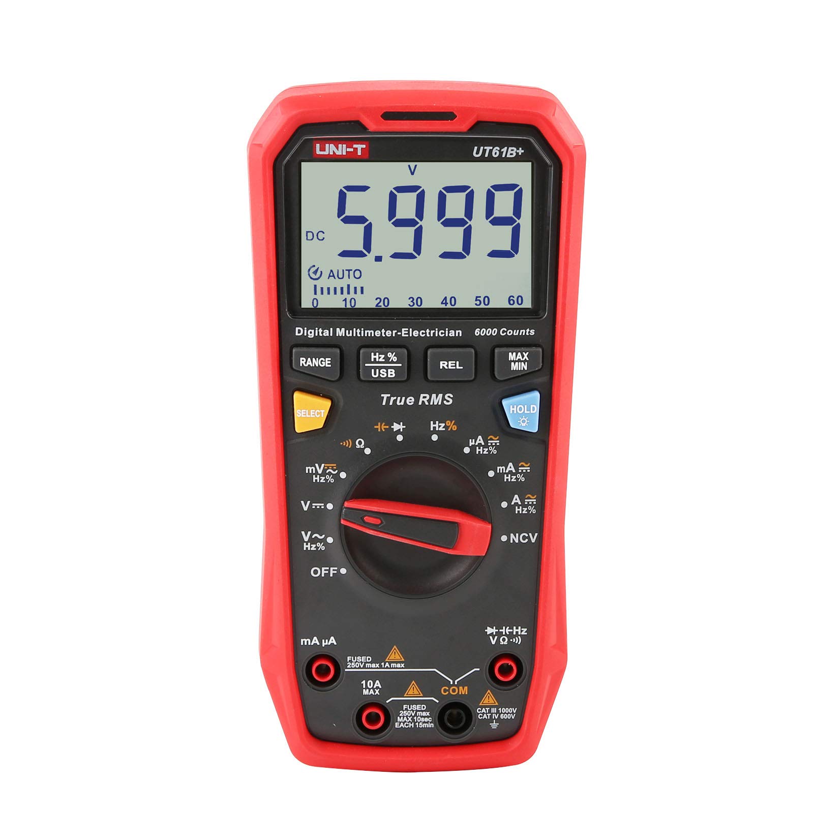 UNI-T Digital Multimeter UT61B+ True RMS AC/DC Voltage Current Resistance Capacitance Tester, 1000V, 10A, 60MΩ, 60mF, 10MHz, CAT III 1000V/CAT IV 600V