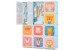 Costzon Kids Closet, Cartoon DIY Modular Dresser Storage Organizer with 12 Cubes & 2 Clothes Hanging Rack, Portable Armoire for Baby Toddlers, Kids Wardrobe for Bedroom Nursery (Blue)
