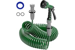 SPECILITE 3/8" Lightweight Coil Garden Hose 50 FT, EVA Flexible Curly Water Pipes with 6-Pattern Spray Nozzle for Boat, Greenhouse, Yard, Patio, Green