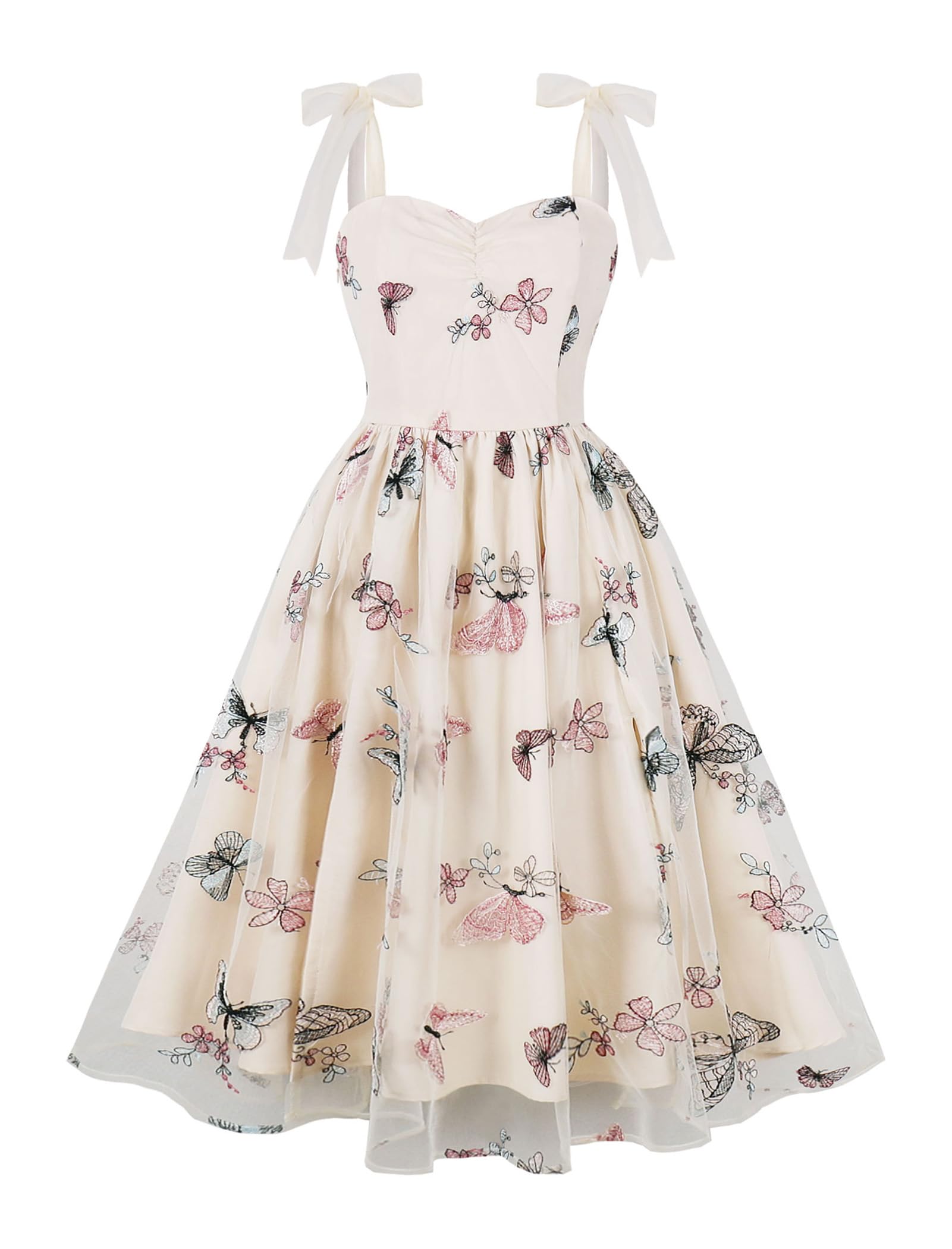Photo 1 of ***BROKEN ZIPPER*** Summer Butterfly Embroidery Floral Dress for Women Sleeveless Spaghetti Strap Cocktail Dress for Women Wedding Guest Evening Tea Party Dress Flower Embroidered Tulle Prom Dress Apricot-Butterfly S