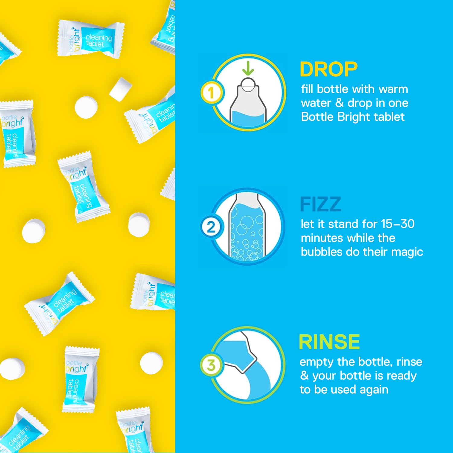 BOTTLE BRIGHT Clean Stainless Steel, Thermos, Tumbler, Insulated and Reusable Water Bottles – Cleaning Tablets are Easy and Safe to Use