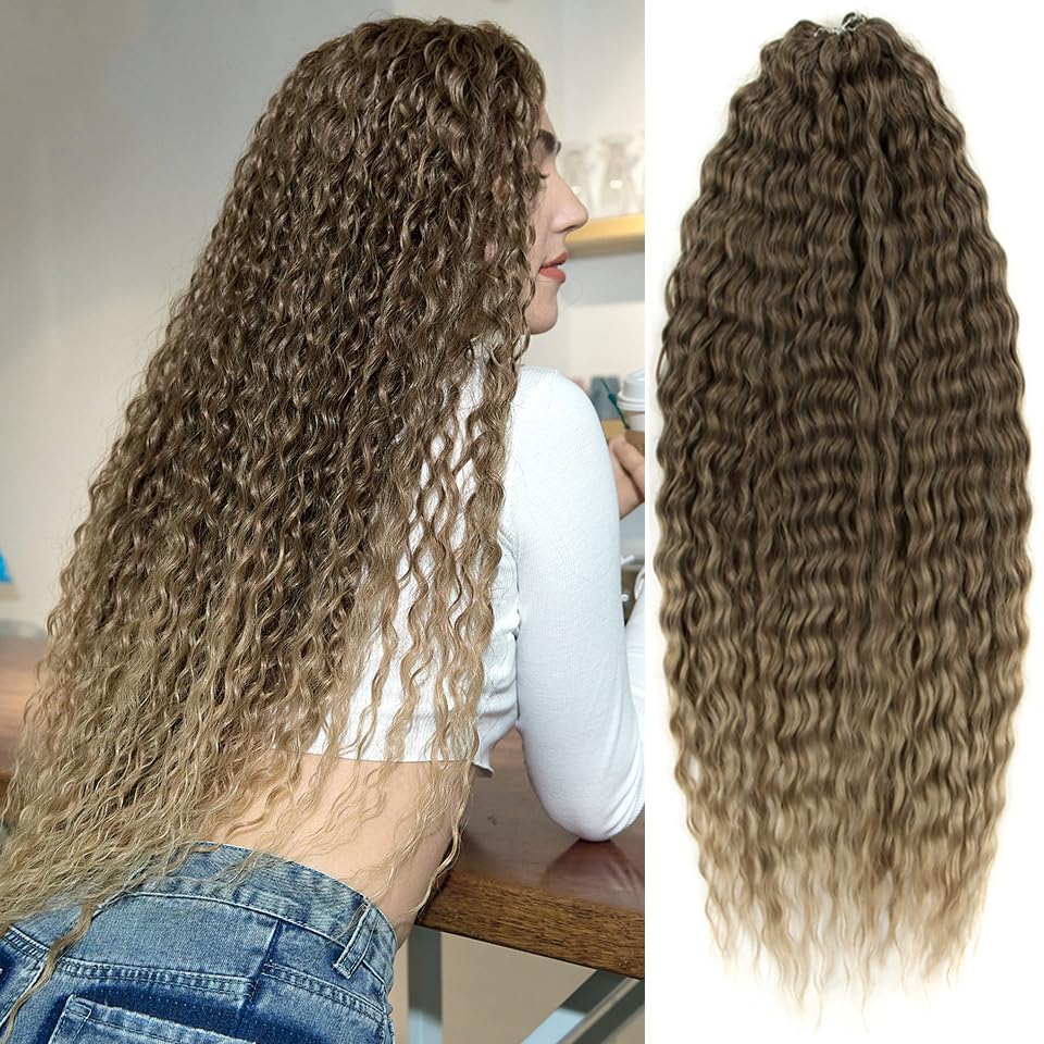 PORSMEER 3 Packs 22" Wave Crochet Hair Twist Deep Wave Curly Braiding Hair Extension Synthetic Ocean Wavy Hair Bundles Dark Brown/Blonde for Women & Girls — image 1