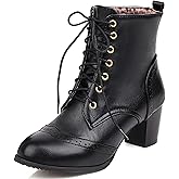 UniqueStride Women's Brogue Ankle Boots Lace Up Ankle Bootie with Chunky Block Heel Round Toe Shoes