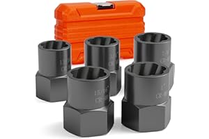 RUNEVER 5PCS Bolt Extractor Kit Heavy Duty, 1/2" Drive Impact Lug Nut Remover Tool, Nut Extractor Set Large Size 19-25mm For Removing Stripped, Damaged, Rounded off and Rusted Bolts, Studs