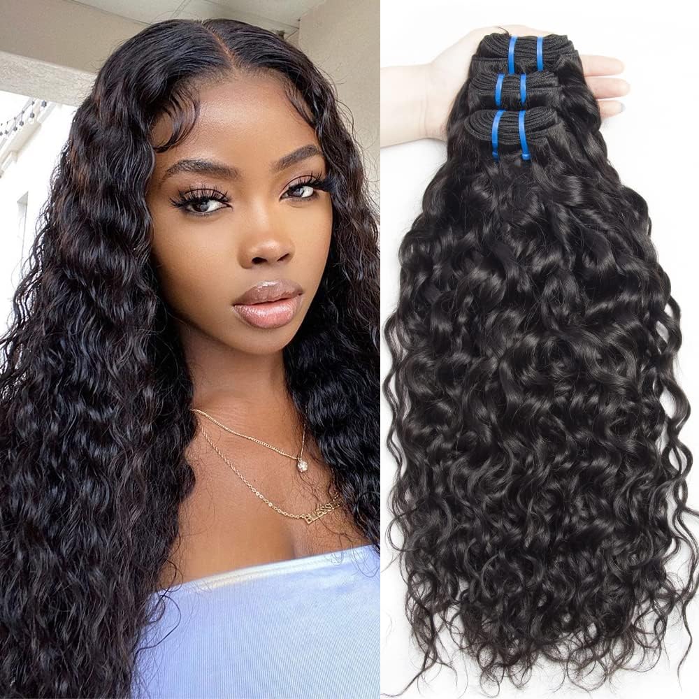 Water Wave 3 Bundles Human Hair 14 16 18 Inch 12A Brazilian Virgin Curly Human Hair Bundles Double Weft Deep Wave Bundles Natural Black Color Wet and Wavy Hair Extensions