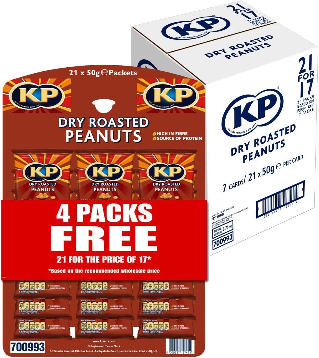 KP Nuts Multipack Box of Dry Roasted Peanuts on Pub Card, 7 x 21 x 50g