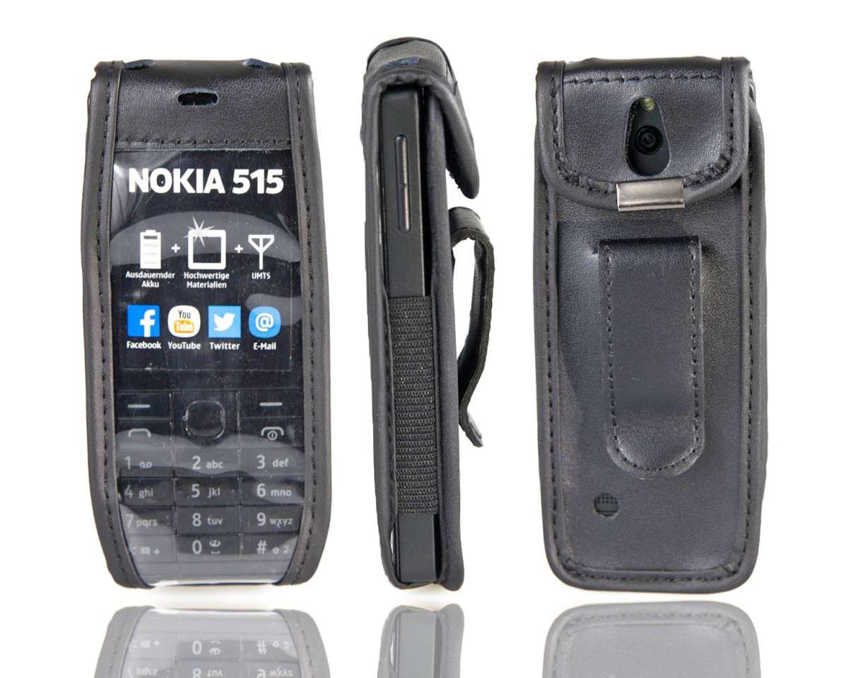 caseroxx Leather-Case with belt clip compatible with Nokia 515 made from genuine leather, Pouch with belt clip and viewing window in black