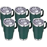 VEGOND 20 oz Tumbler Bulk with Handle Lid and Straw, Stainless Steel Insulated Travel Coffee Mug Set, Spill Proof Double Wall Metal Tumblers Cups, Dark Green 6 Pack