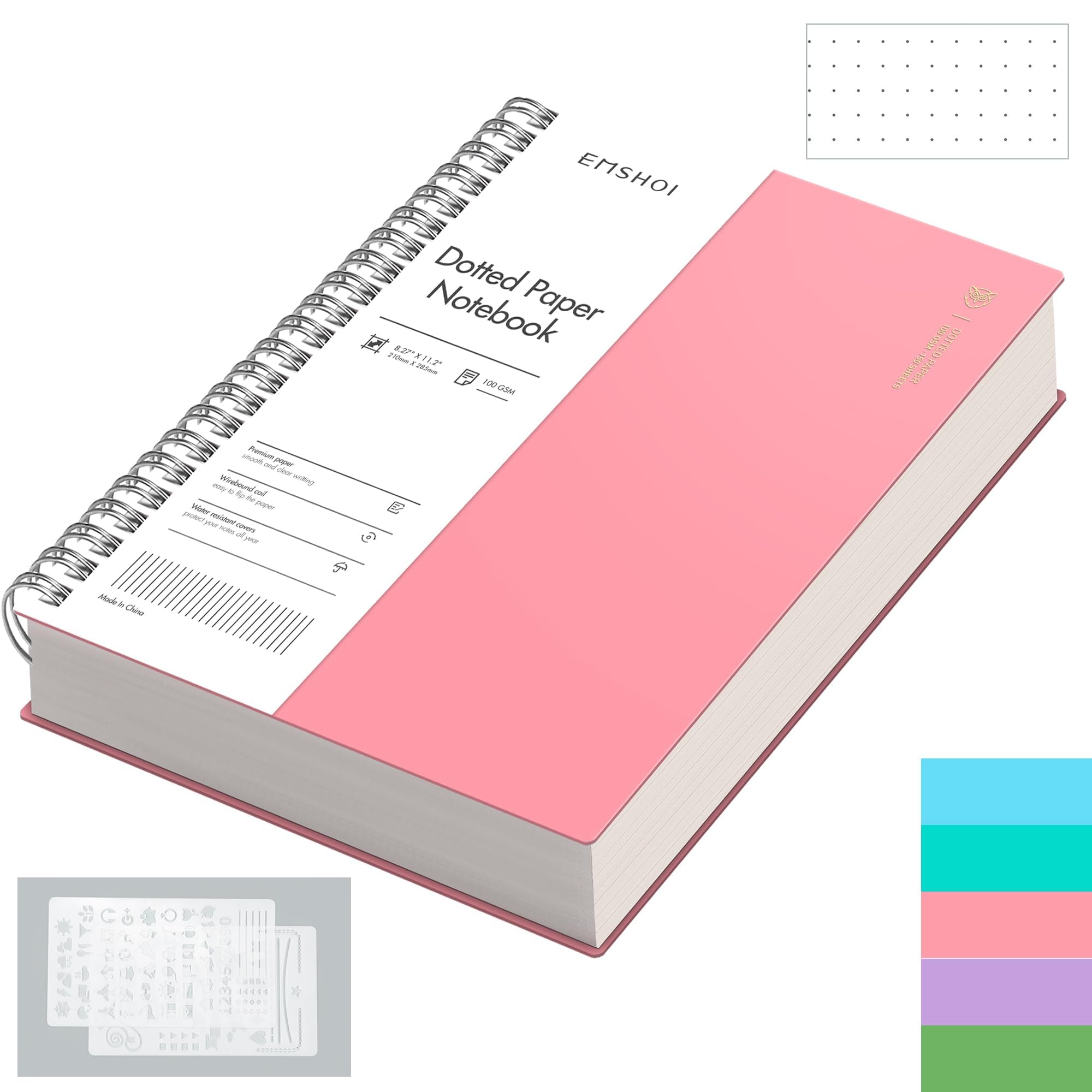 EMSHOI A4 Notebook Bullet Dotted Journal - 300 Pages Wirebound Spiral Notepad, 100gsm Dot Grid Paper, Waterproof Softcover, for Women Men Work Office School Writing, 21.5 x 27.9cm, Pink