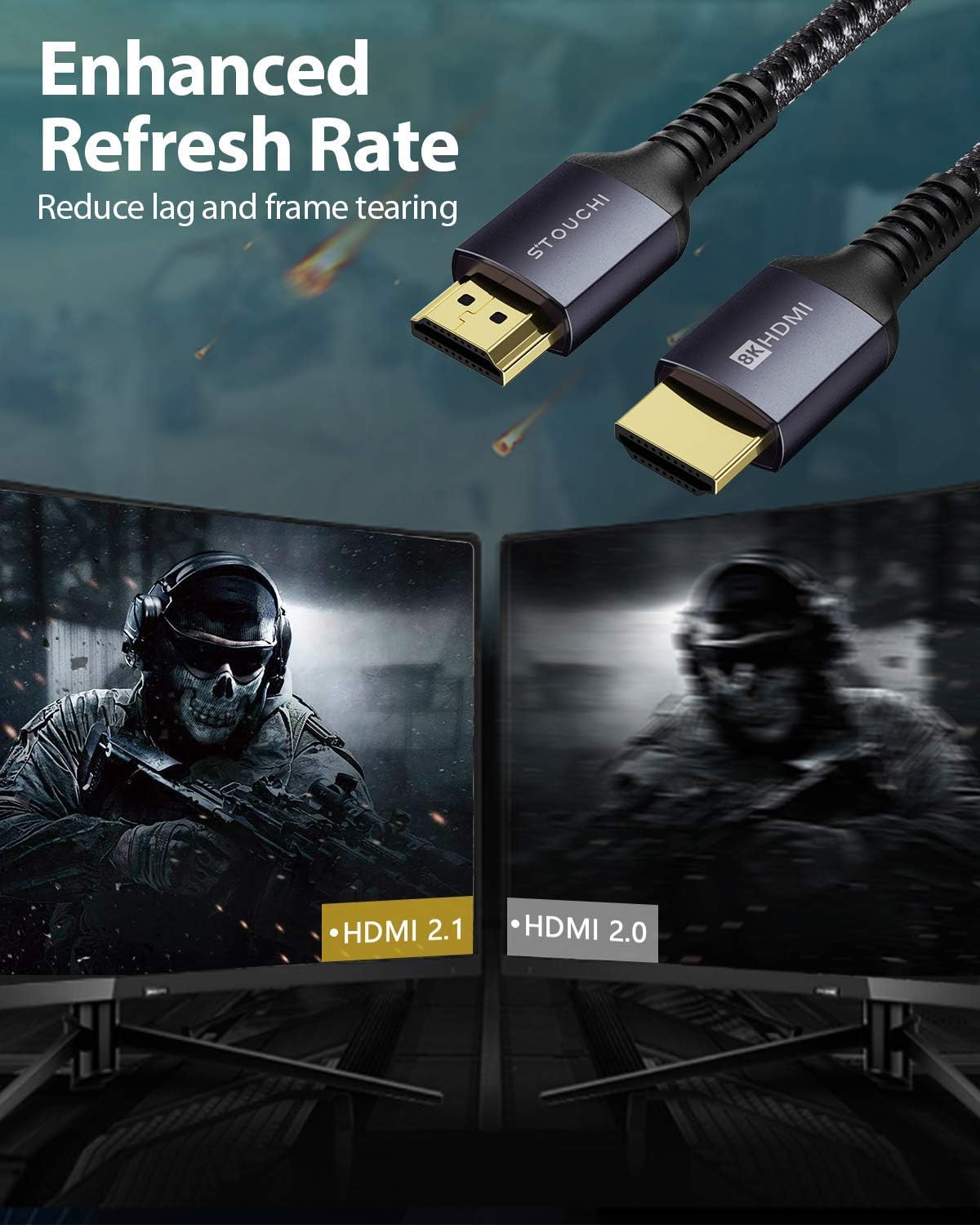 Stouchi HDMI Cable 2m(6Ft) 10K 8K Ultra High Speed HDMI® Cable 10K 8K@60HZ 4K@144/120Hz RTX 3080 eARC HDR10 4:4:4 HDCP 2.2&2.3 Dolby Compatible with Roku TV/PS5/Xbox Series X/Samsung/Sony/LG - Image 3