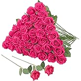 Hoemwarm 36 Pcs Hot Pink Artificial Roses with Long Stems, Fake Silk Rose Artificial Flowers Bulk for Bridal Wedding Bouquet Centerpiece Ball Arrangement Party Decor