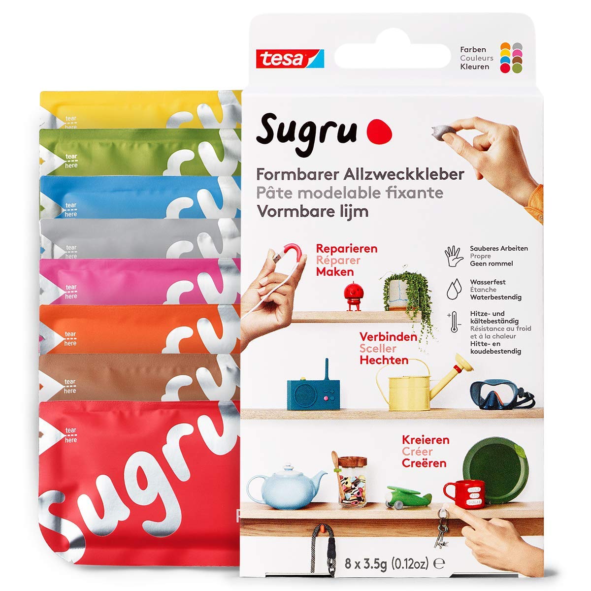 Sugru by tesa Malleable All-Purpose Glue, 8 Pack, 8 x 3.5 g, Multicoloured – Versatile Adhesive Clay – for Decorating, Gluing, Repairing and for Creative DIY Applications