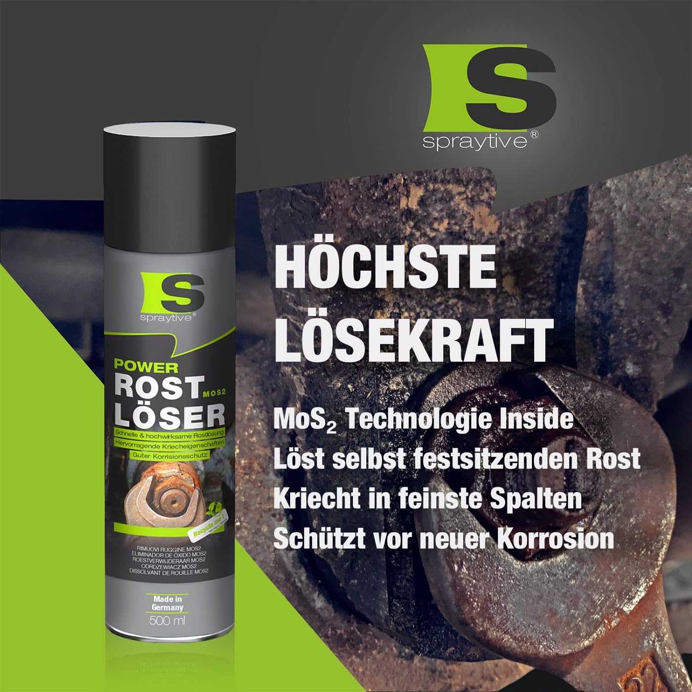 Spraytive 6 x 500ml Power Rostlöser MoS₂ Spray – Hochwirksamer Rostentferner mit Festschmierstoff – Kriechfähig, reibungsarm, korrosionsschützend – Für KFZ, Werkstatt & Industrie – Made in Germany 2