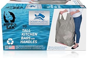 Hippo Sak - Tall Kitchen Garbage Bags with Ergonomic Handles - 13 Gallon Trash Bags Made from Recycled Ocean Bound Plastic - Super Strong and Leak Proof Tall Kitchen Trash Bags (90 Count)