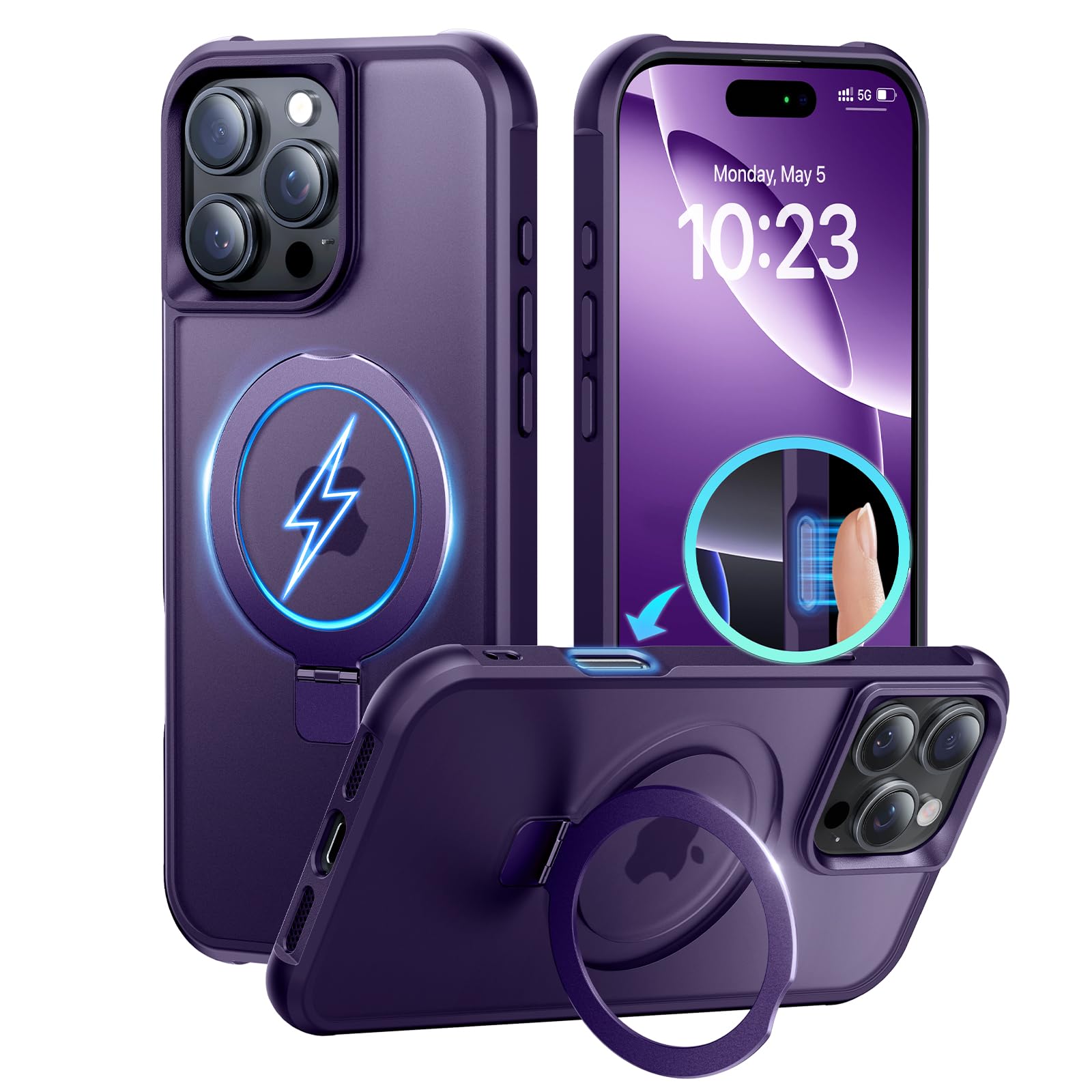 Magnetic Invisible Stand Designed for iPhone 16 Pro Case [Military Drop Protection] [Compatible with MagSafe] Shockproof Slim Translucent Matte Cover for iPhone 16 Pro Phone Case 6.3", Purple