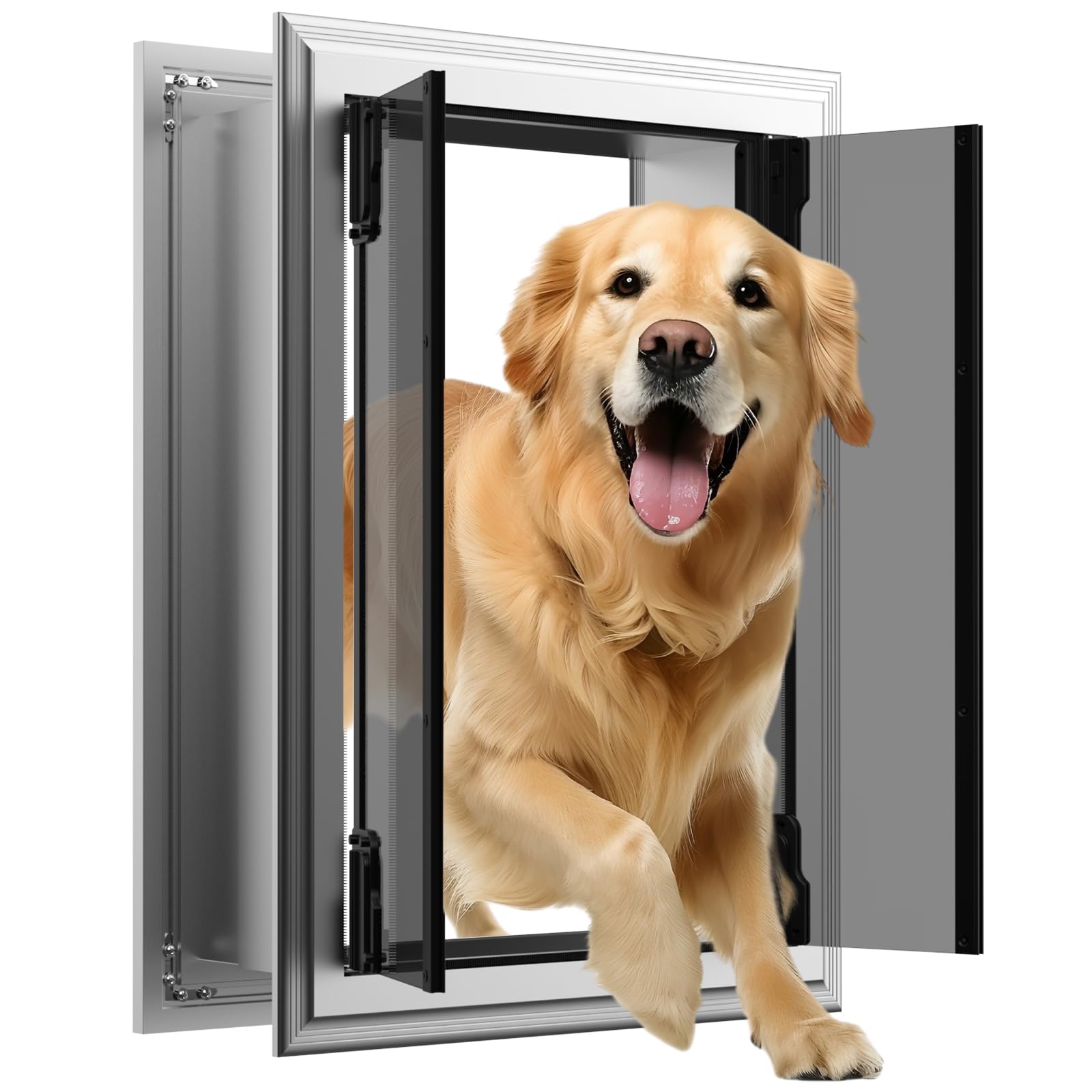 Photo 1 of Dog Door for Wall, Energy Efficient French Doggy Door with Aluminum Frame, Telescoping Tunnel and Magnetic Flaps, Easy Install for Walls 4"- 7 7/8" Thick, XLarge