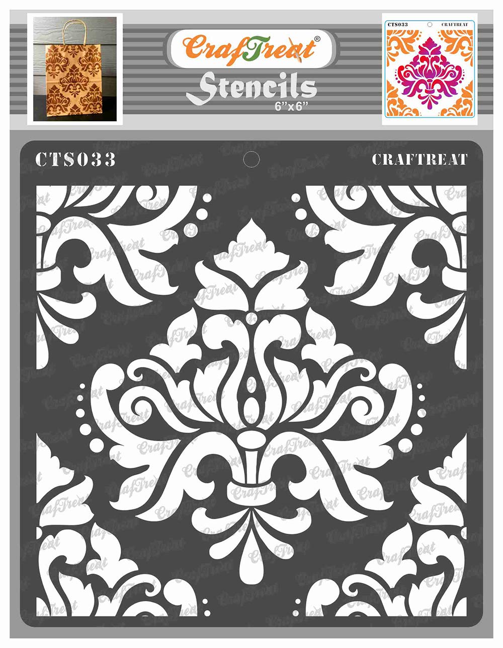 CrafTreat Reusable Damask Mandala Stencils for Painting on Wood, Canvas, Paper, Fabric, Floor, Wall and Tile - Bold Damask - 6x6 Inches - DIY Art and Craft Stencils - Damask Stencil