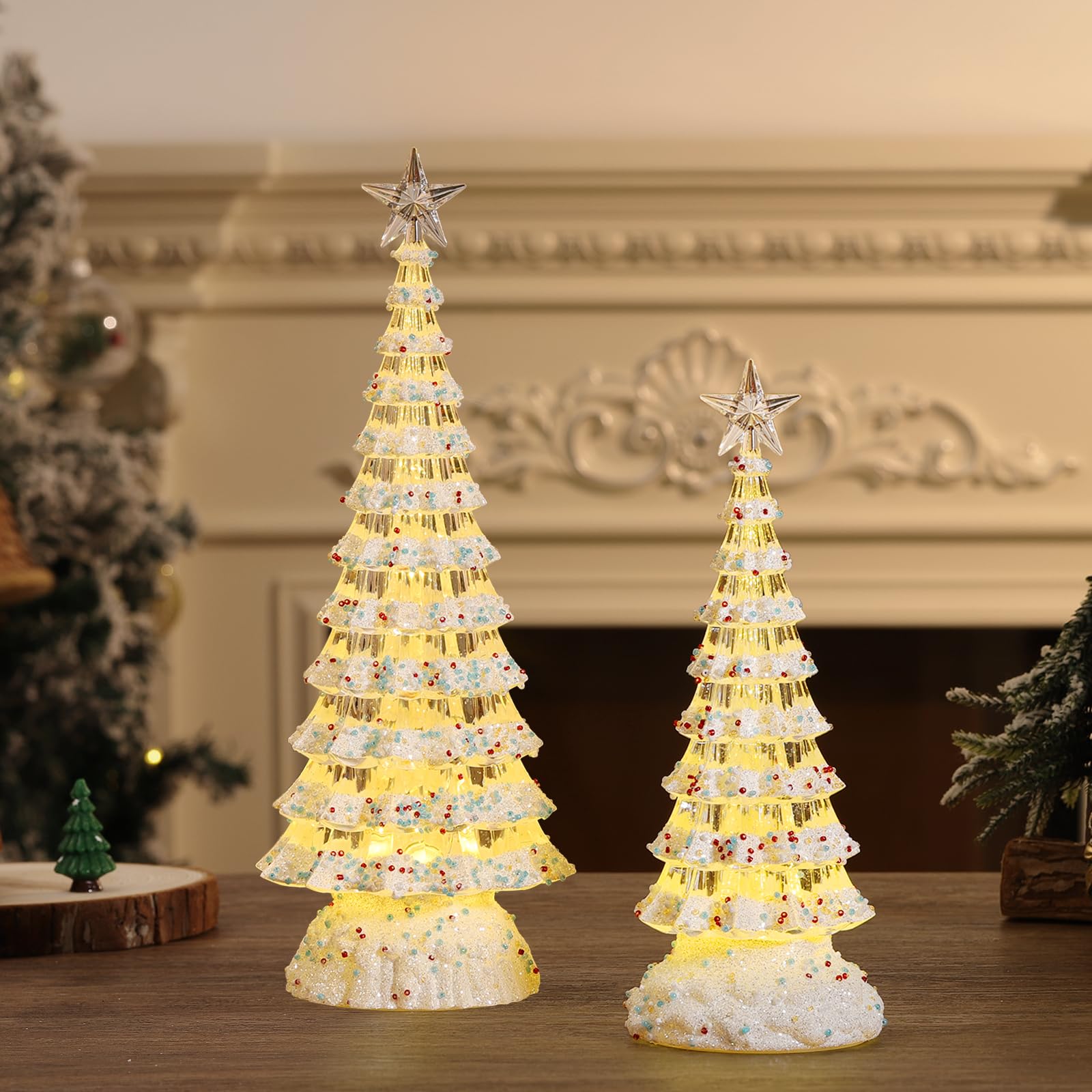 Photo 1 of Lewondr Christmas Tree Tabletop Decoration, 2 PCS Snow Cone Tree Decor with Lights 13" and 10", Warm White LED Battery Powered Xmas Decor Tree for Desktop, Bedside Christmas Holiday Decor, White