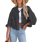 BZB Womens Waffle Knit Shacket Jackets Lightweight Cropped Shacket Long Sleeve Button Down Shirts