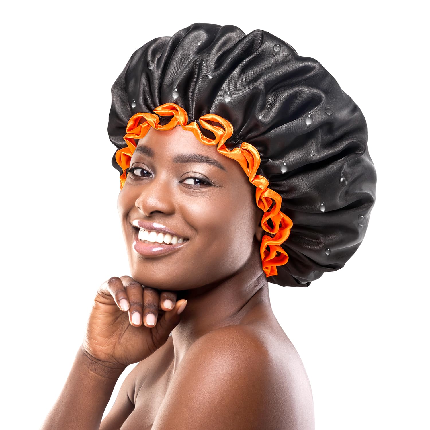 mikimini Black Large Shower Cap for Women Long Hair, Reusable Waterproof Shower Hats for Men, Double Layer Washable Bath Cap for Thick Curly Hair 2 Packs