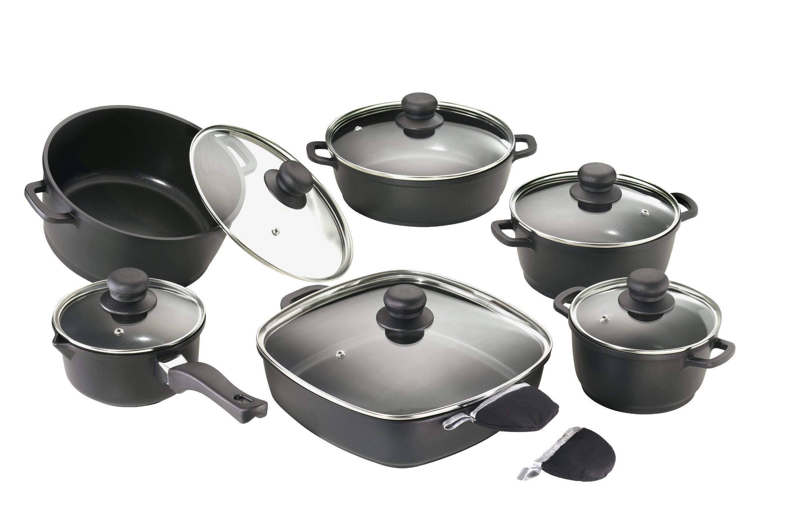 Karcher Cookware Set, Cast Aluminium with Teflon Classic Non-Stick Coating, 12-Piece with 6 glass Lids + 1 Pair of Thermal Grips