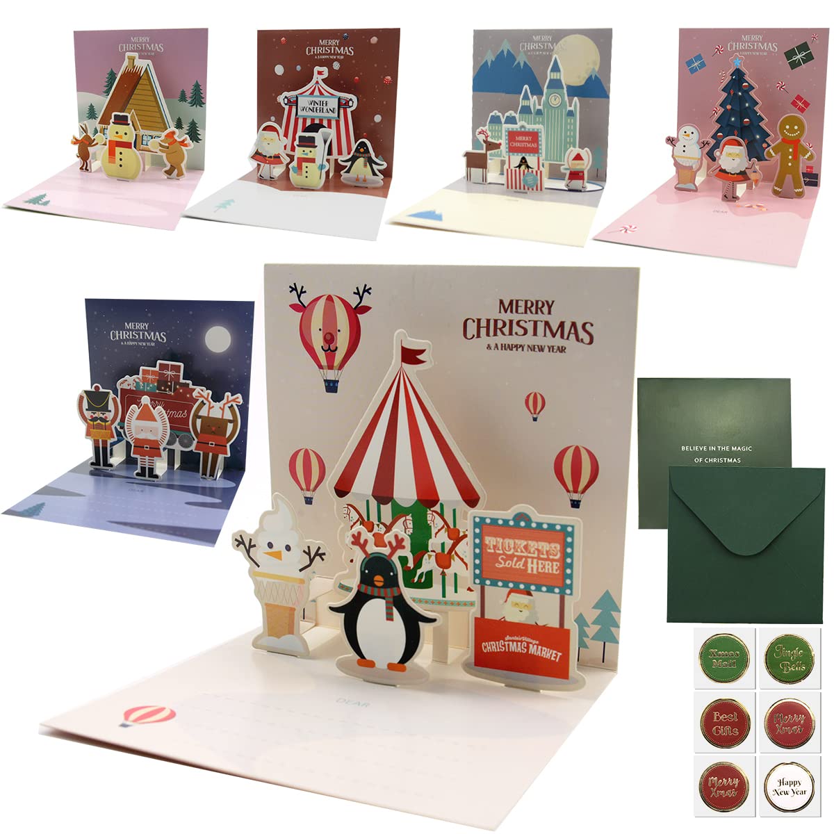 3D Pop Up Christmas Cards Funny Merry Christmas Cards with Envelopes 6 Pack 3D luxury Christmas Cards with Cute Santa Claus Reindeer Castle Christmas Greeting Cards Gift Cards for Family Friends Kids