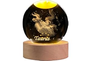 QIANCHANG 3D Laser Etched Taurus Crystal Ball with LED Light Stand, Constellation Decor Glass Sphere Lamp, Zodiac Astrology Birthday Gifts for Women Kids