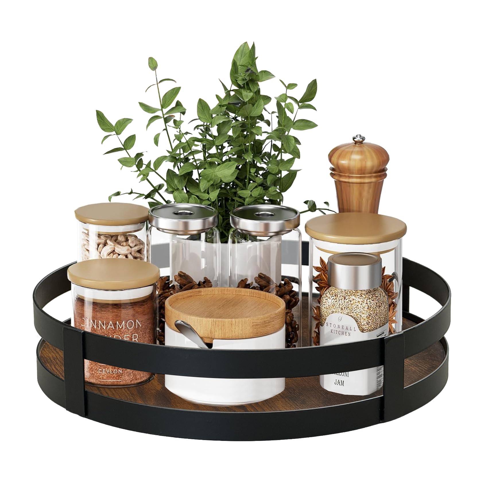 Photo 1 of 15.7" Lazy Susan Turntable Organizer for Cabinet, Rustic Wooden Storage with Metal Railing, Round Rotating Tray for Countertop, Living Room, Bathroom