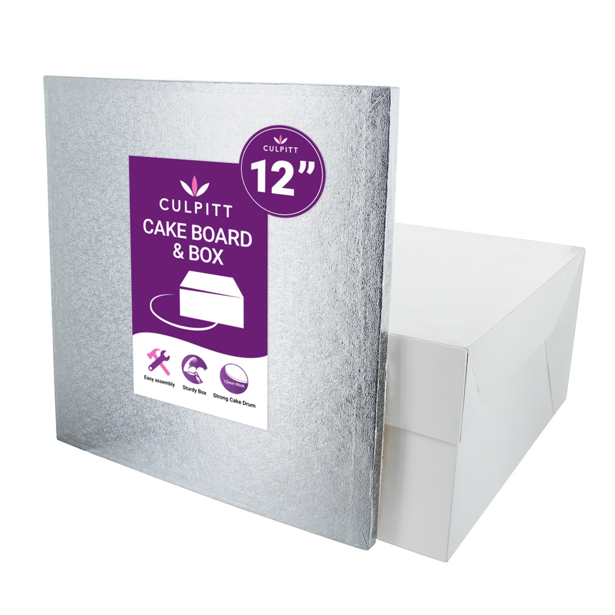 Culpitt 12" (30cm) Square Silver Cake Drum Board & White Cake Box Combo For Storage & Transport