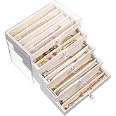 HOFURME 5-Drawer Necklace Organizer Box with Clear Acrylic & Velvet Lining, Beige Necklace Storage Box for Chains, Pendants, Stackable Dustproof Jewelry Holder(9.25 x 5.9 x 6.69 in)