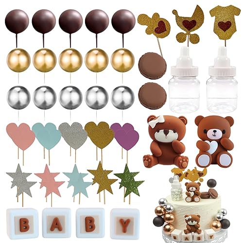 Scawim 3D Bear Cake Topper, Boys Baby Cake Toppers 48 PCS Cupcake Decorations Birthday Party Balls Mini Bear Boho Mini Gender Reveal(Brown)