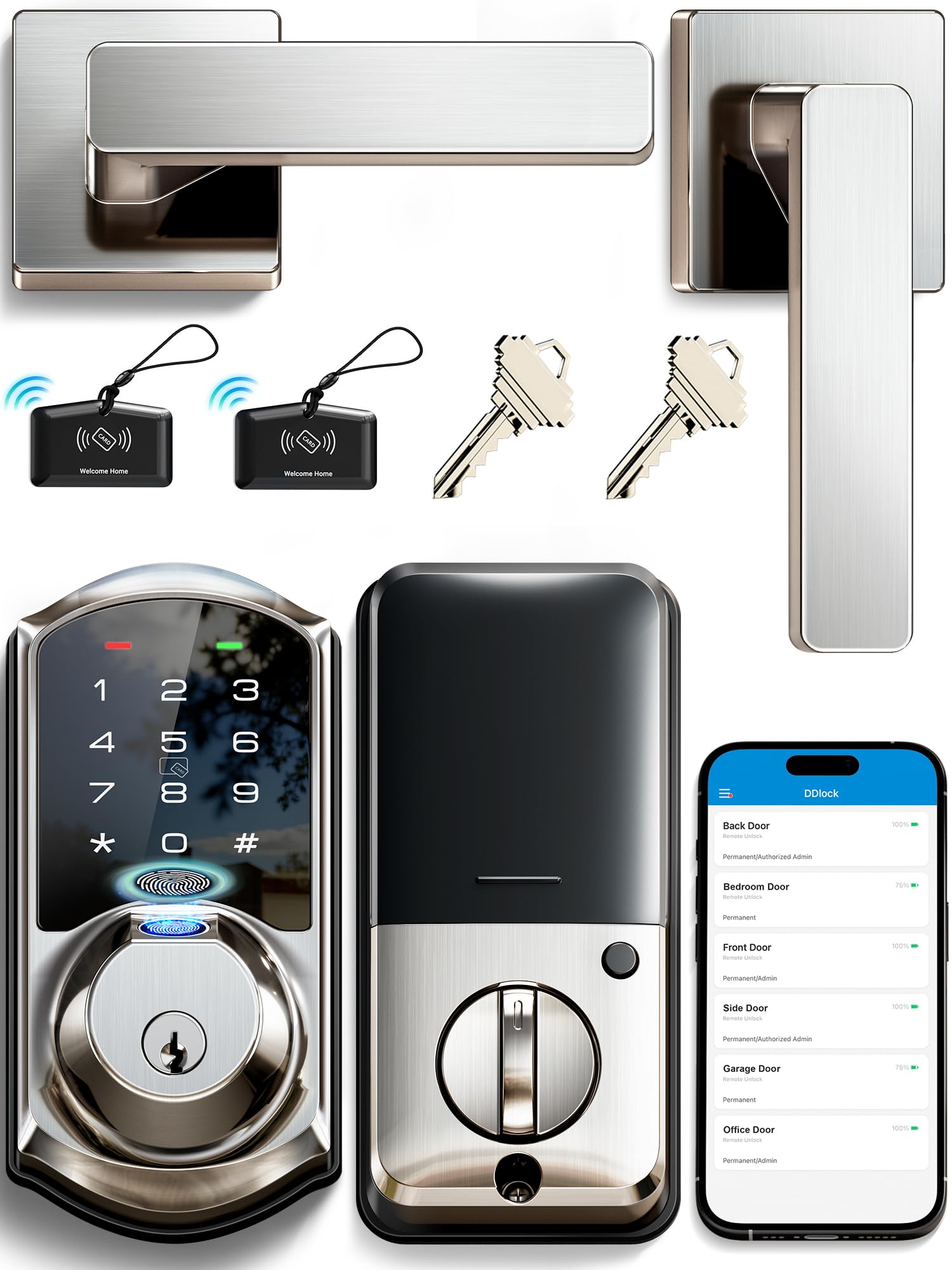 Photo 1 of **MISSING KEYS AND FOB** Veise VE07-L Fingerprint App Control Smart Locks with Heavy-Duty Zinc Alloy Handles, Keyless Entry for Front Door, Digital Electronic Touchscreen, Auto Lock, Waterproof, Easy Install, Satin Nickel