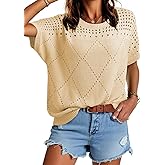 Dokotoo Women's Casual Crew Neck Short Sleeve Sweater Crochet Hollow Out Lightweight Sweaters Tops Fashion Clothing Outfits