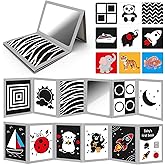 DFQiQiQinH Tummy Time Toys with Baby Mirror & 9 Black White Contrast Cards, High Contrast Baby Book,Newborn Toys 0-3 6 Months for Visual Stimulation, Brain Development, Tummy Time Essentials