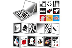 DFQiQiQinH Tummy Time Toys with Baby Mirror & 9 Black White Contrast Cards, High Contrast Baby Book,Newborn Toys 0-3 6 Months