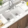 Enbol 31 Inch White Quartz Granite Composite Kitchen Sink - Durable Undermount Double Bowl, Scratch & Stain Resistant, Easy to Clean, Model 3118-W