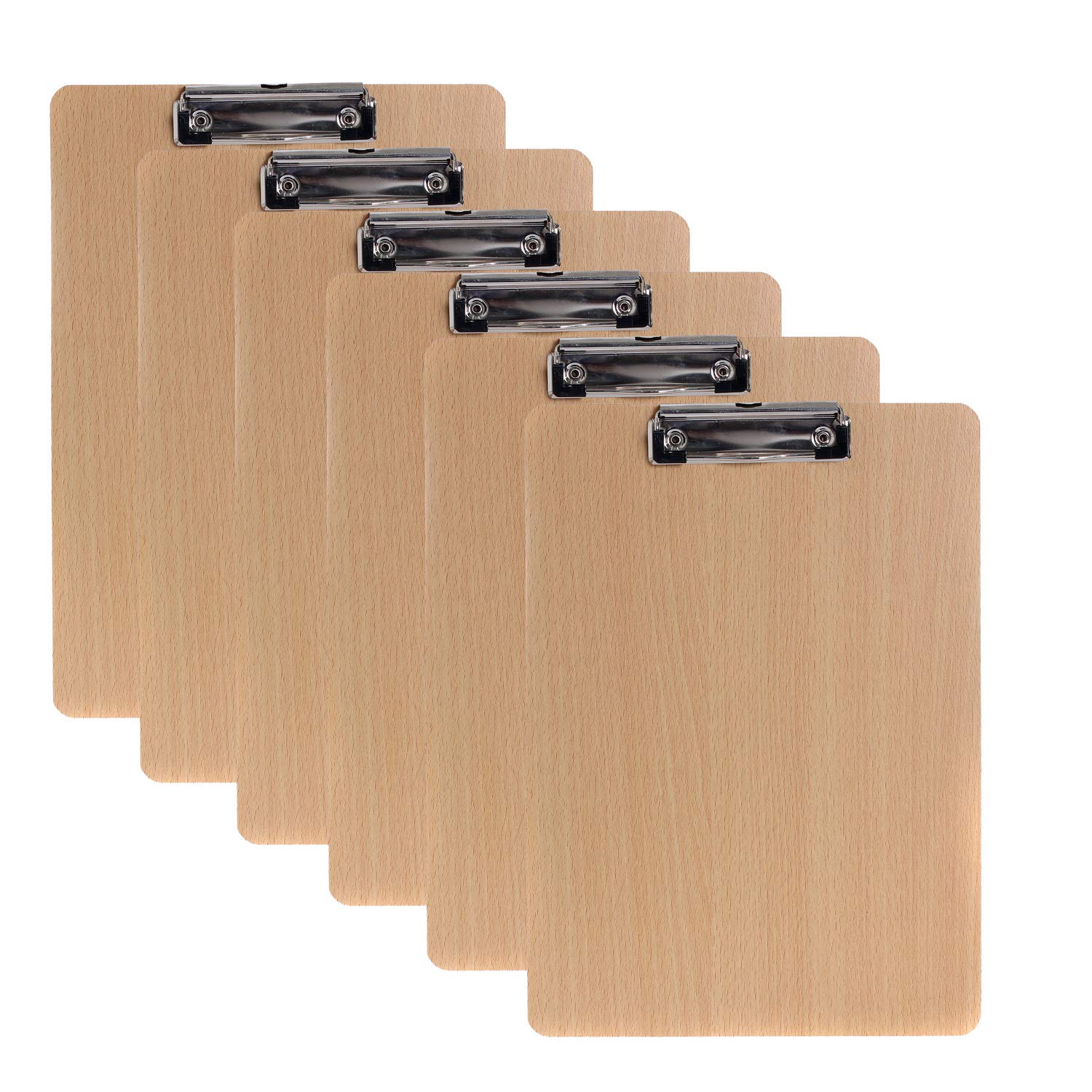 [Pack of 6] A4 Clipbboard 4mm Extra Thick, Density Board, Rubberized Metal Clamp, Durable Paper Holder Writing Memo Document Form Holder, Wood Writing Board, Rounded Corners, TKD8009