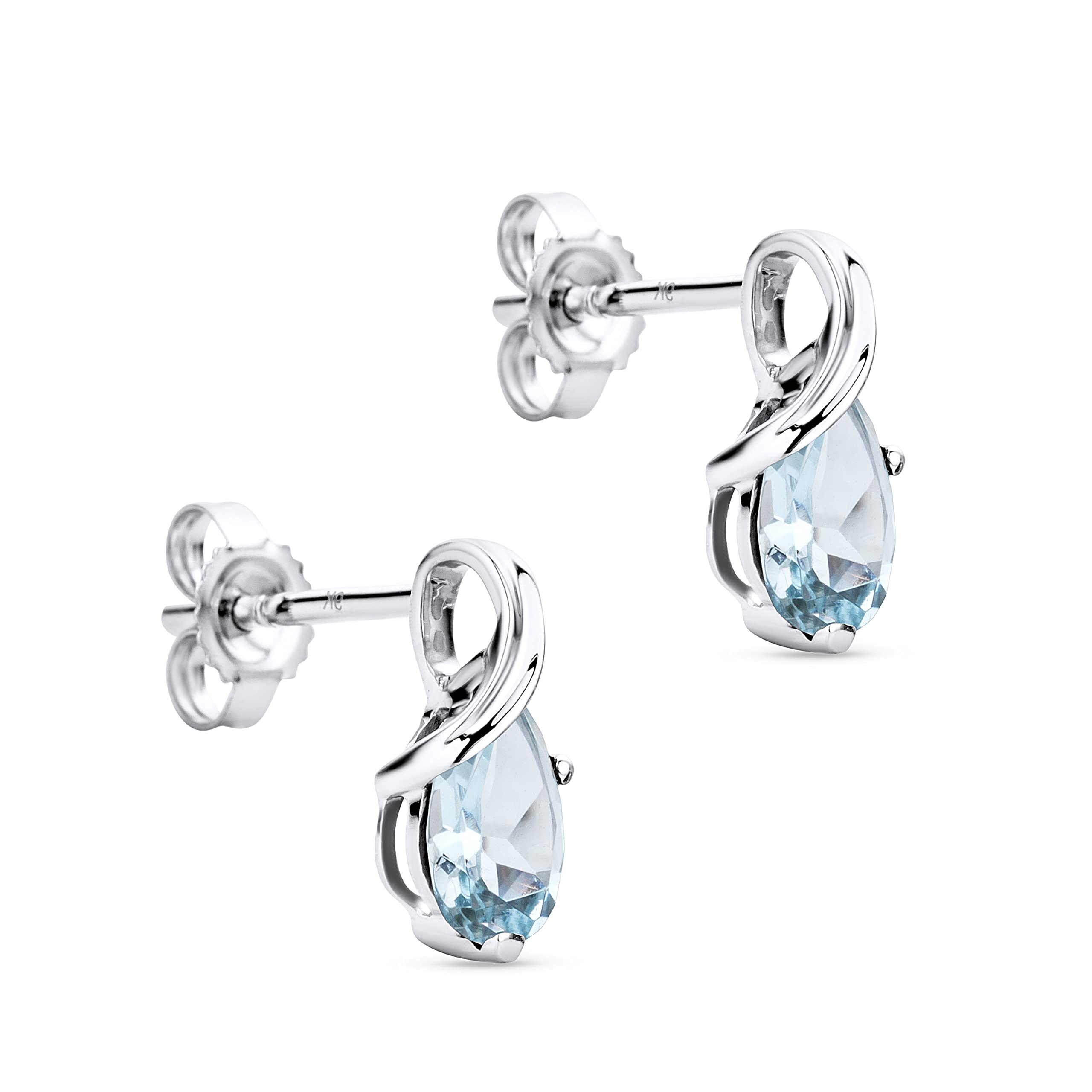 Orovi Pear-Shaped White Gold Earrings for Women with blue Topazes in 9 Carat Gold, Hypoallergenic Earrings - Handmade, including jewellery box