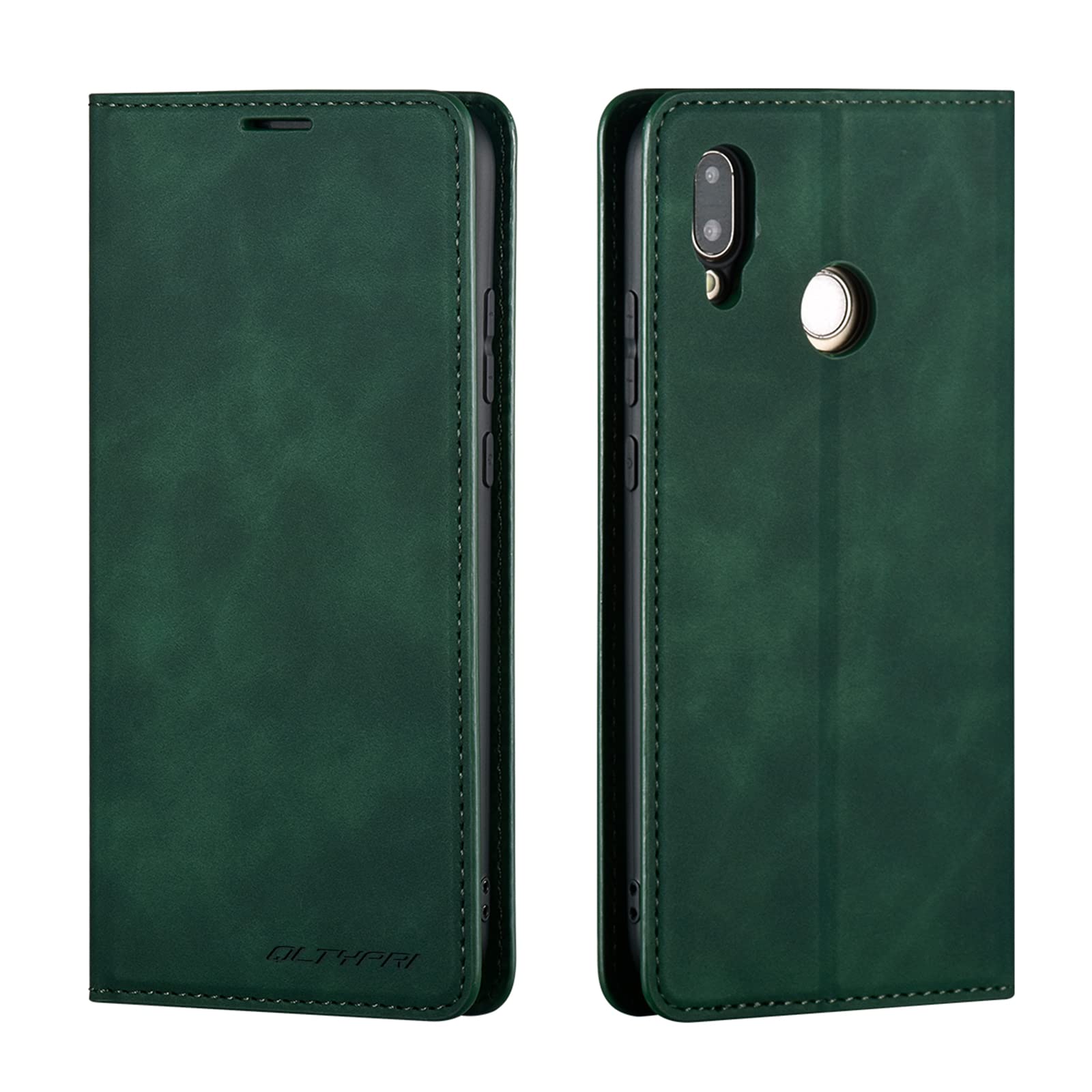 QLTYPRI Case for Huawei P20 Lite, Premium PU Leather Cover TPU Bumper with Card Holder Kickstand Hidden Magnetic Adsorption Shockproof Flip Wallet Case Compatible with Huawei P20 Lite - Green