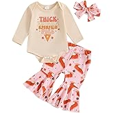 Lamuusaa Newborn Baby Girl Thanksgiving Outfit ''Thick Thighs & Pumpkin Pies'' Long Sleeve Romper Flared Pants Headband Set
