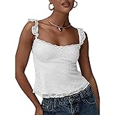 Women Crop Lace Tank Tops Sleeveless Square Neck Going Out Tops Double Lined Y2K Slim Fit Cami Shirts Streetwear