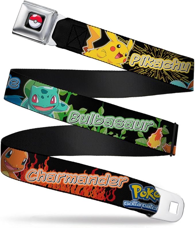 Buckle Down Men's Seatbelt Belt Kids, Pokemon/Pikachu/Kanto Starter