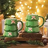 Didaey 2 Pcs Christmas Tree Mug with Pink Bows 18oz Green Holiday Ceramic Coffee Mug, Cute Tree Shape Cup for Hot Cocoa, Tea, Latte, Festive Christmas Winter Gift for Women Holiday Lovers