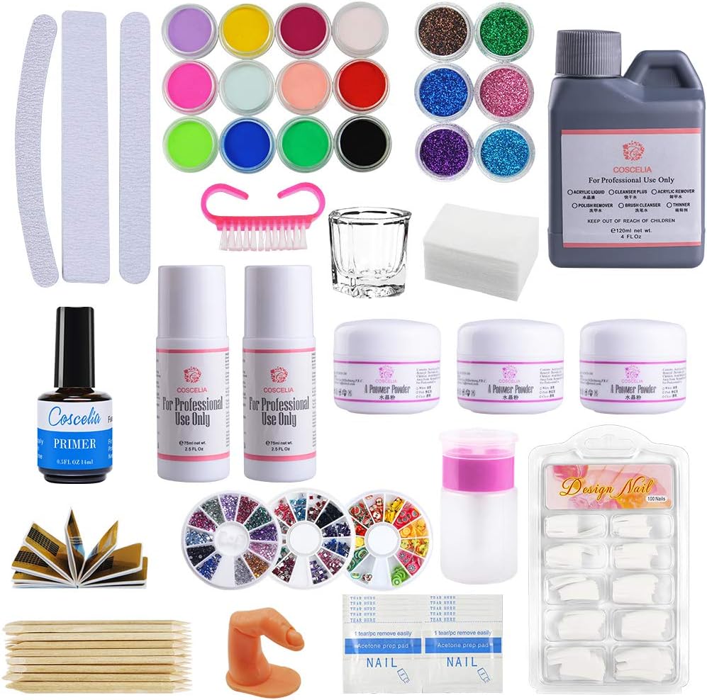 COSCELIA Acrylic Nail Kit Full Set Beginners Acrylic Powder Glitter Decoration Kit Acrylic Liquid Set Professional Tools Set