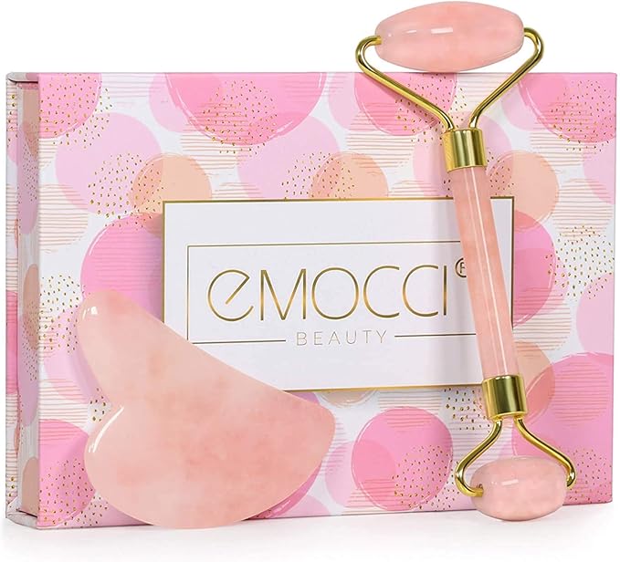 Jade Roller,Facial Roller Massager with Gua Sha Scraping Tool - 100% Real Natural Rose Quartz Jade Stone for Anti AgingFace Eye Neck Body(Pink)