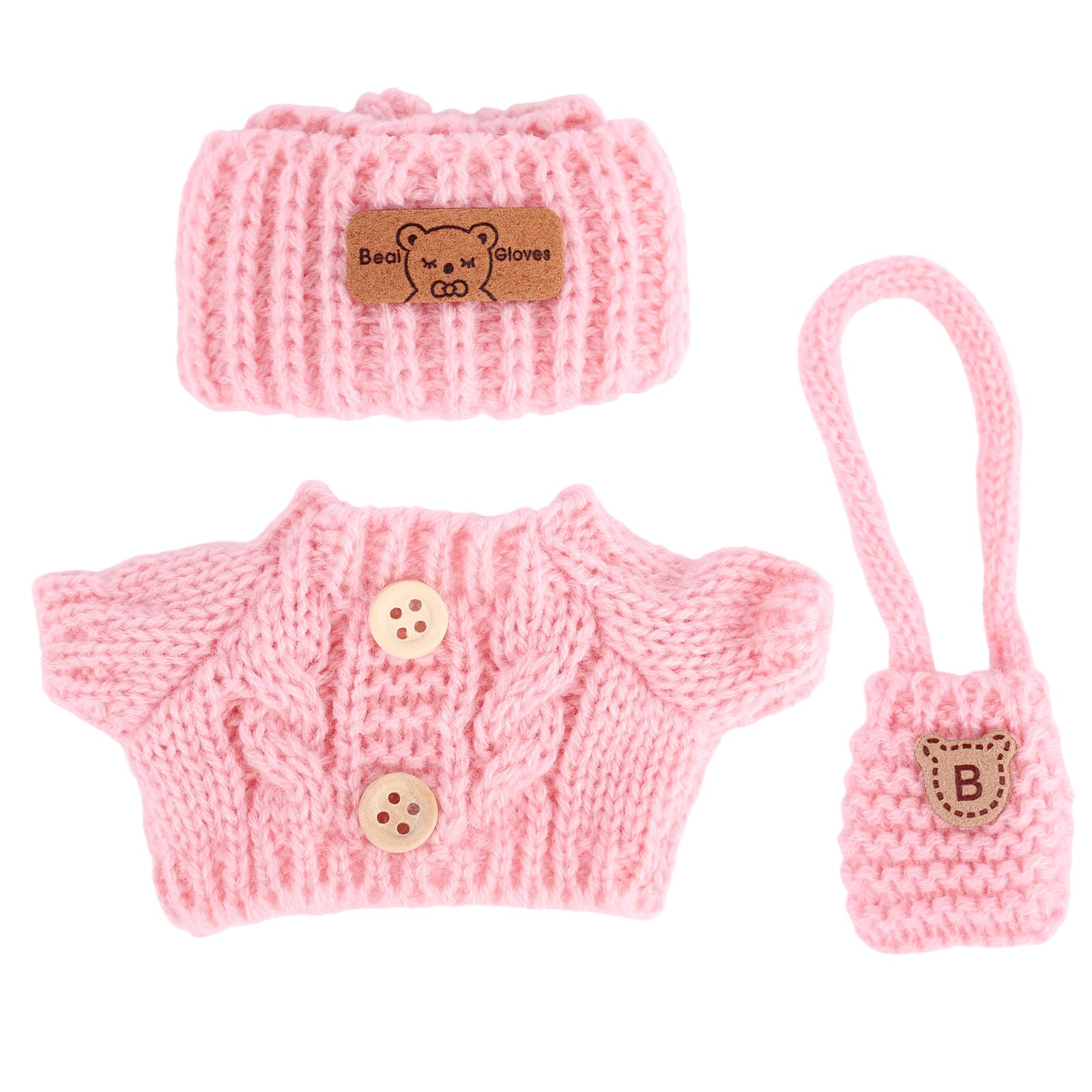3pcs Doll Clothes Set, Cute Pink Yarn Hats Sweater & Cross Bag Stylish Toy Outfit for 17cm/6.7in Plush Doll Accessories