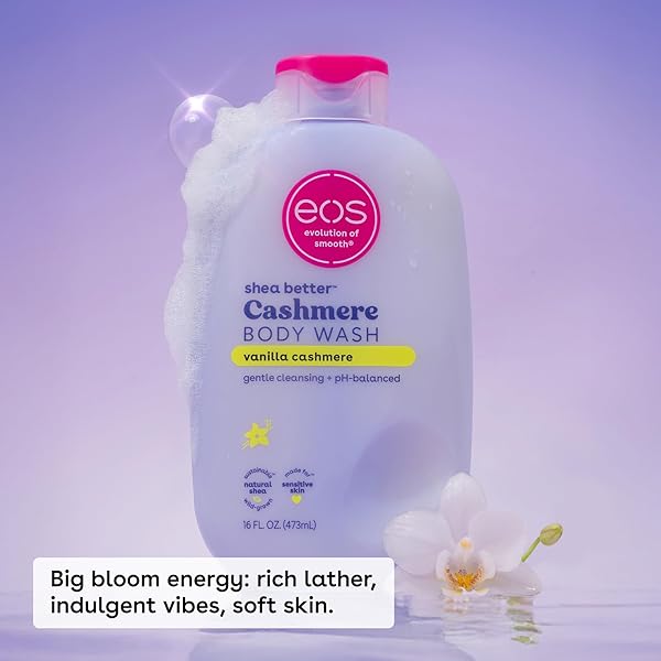 EOS SHEA BETTER CASHMERE BODY WASH, VANILLA CASHMERE, MOISTURIZING, PH BALANCED BODY WASH, CREAMY GEL FORMULA, PARABEN & PHTHALATE FREE, SENSITIVE SKIN, 16 FL OZ
