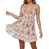 R.Vivimos Women Summer Spaghetti Straps Cotton Floral Print Backless V Neck Swing Mini Dress