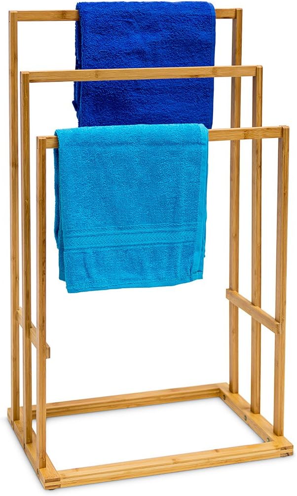 Relaxdays 10013085 Toallero de bambú, 3 Toallas, Natural, 40x24.5x82 cm